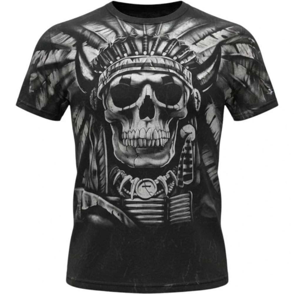 Vintage 2008 Skull Headdress Graphic Tee Liquid Blue Black T-Shirt Mens L